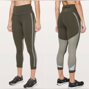 Lululemon 6, Zip The Line Crop 23” Dark Olive / Grey Sage Mesh Zip Waist Pockets